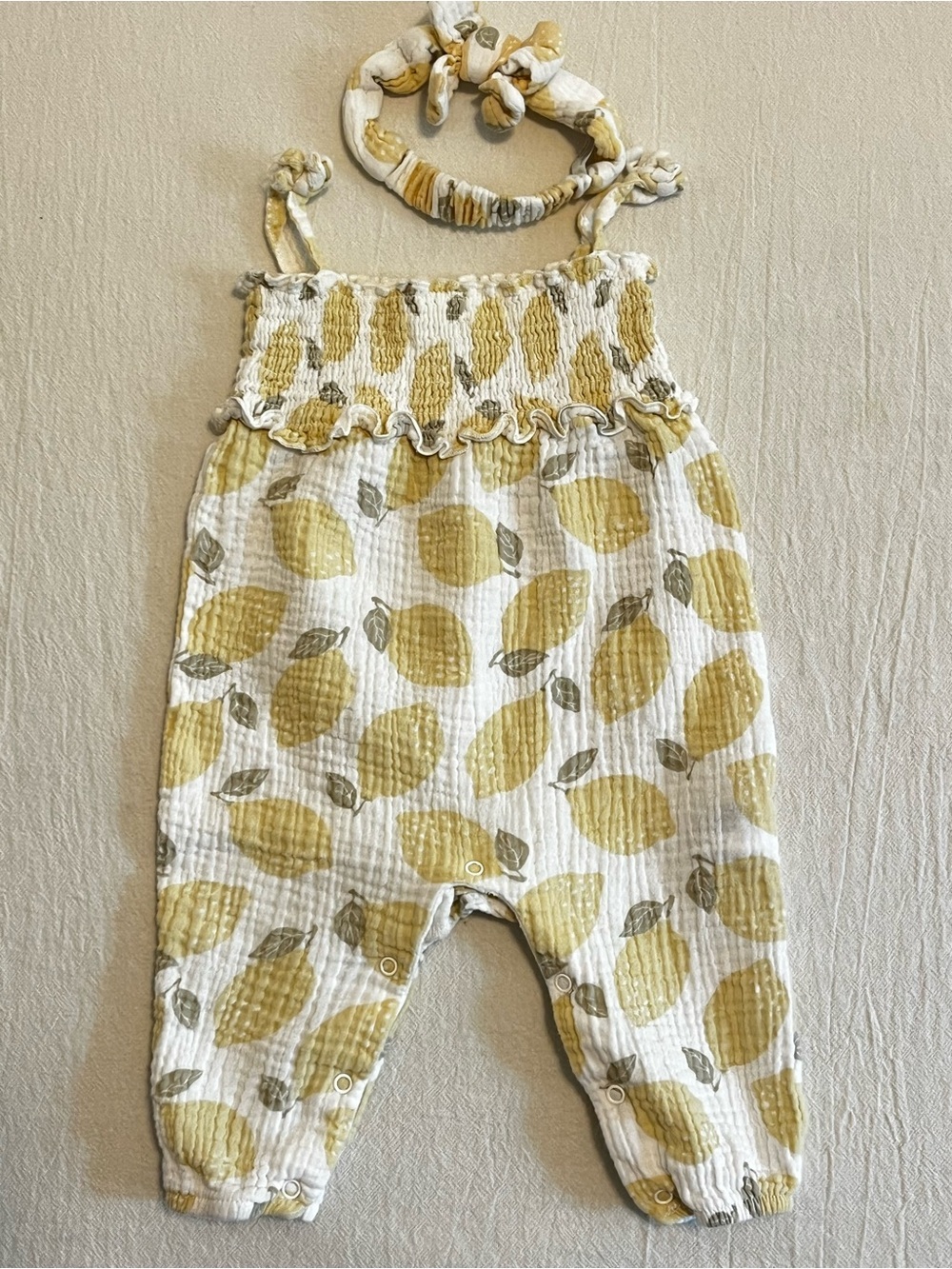 Emily and Oliver Lemon Print Smocked Muslin Cotton Romper Matching Headband